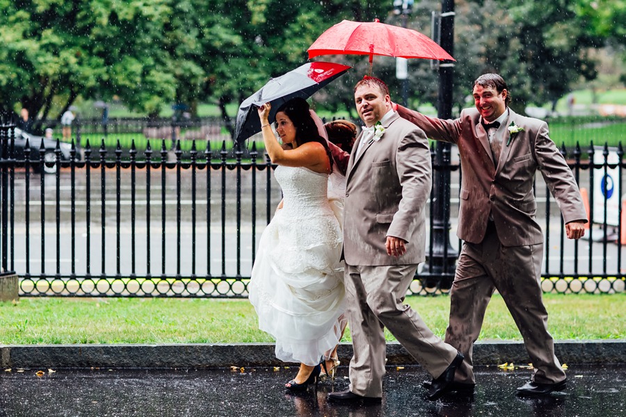 Boston public garden rainy day wedding.